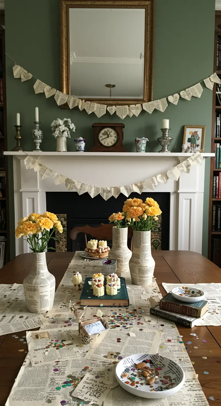Party decor made from old book pages, including banners, vase wraps, and confetti.