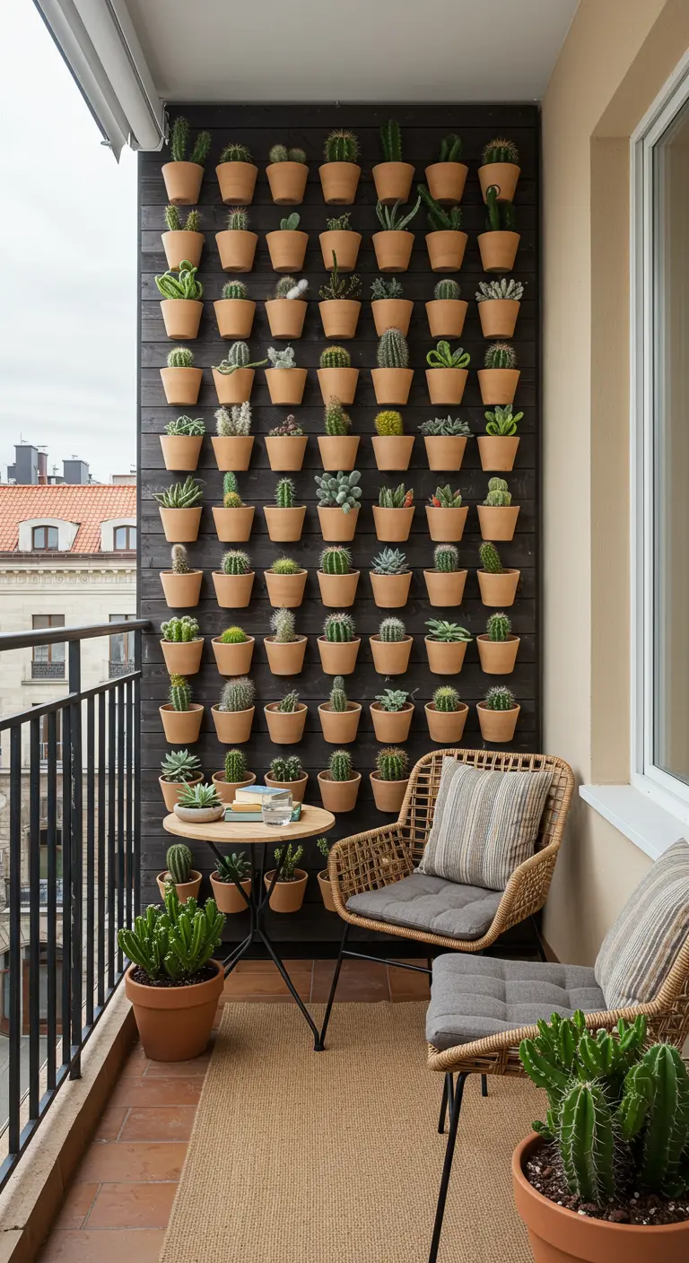 A narrow balcony with a feature wall covered in small, potted cacti.