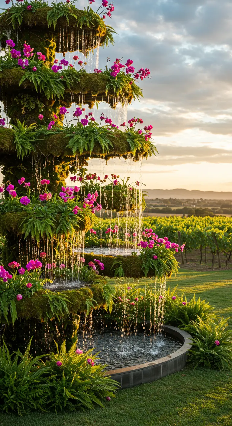 A tiered fountain covered in moss, ferns, and pink flowers, creating a waterfall effect.