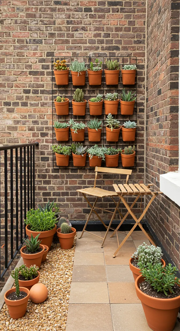 A wire grid on a brick wall holding a vertical garden of succulents in terracotta pots.