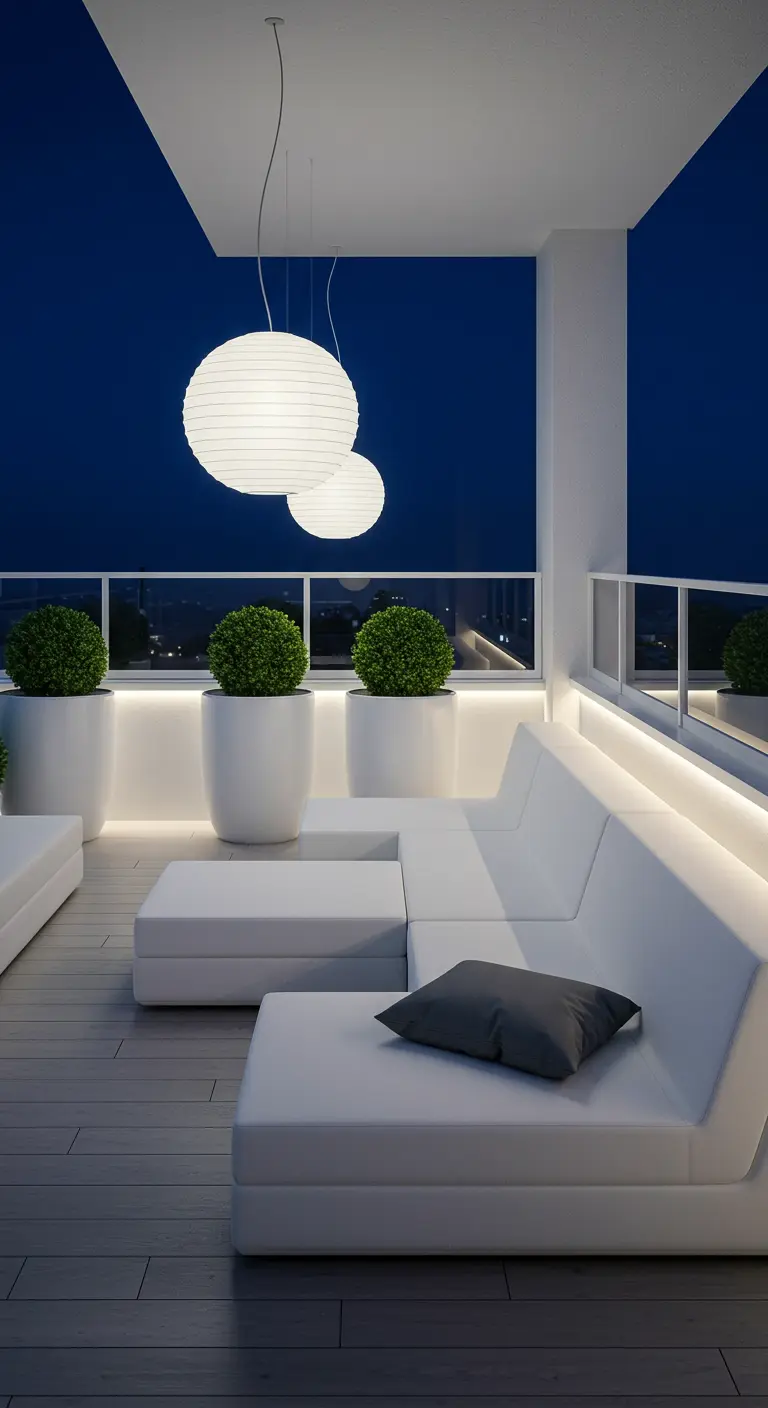Modern white rooftop lounge with large spherical pendant lights and integrated lighting.
