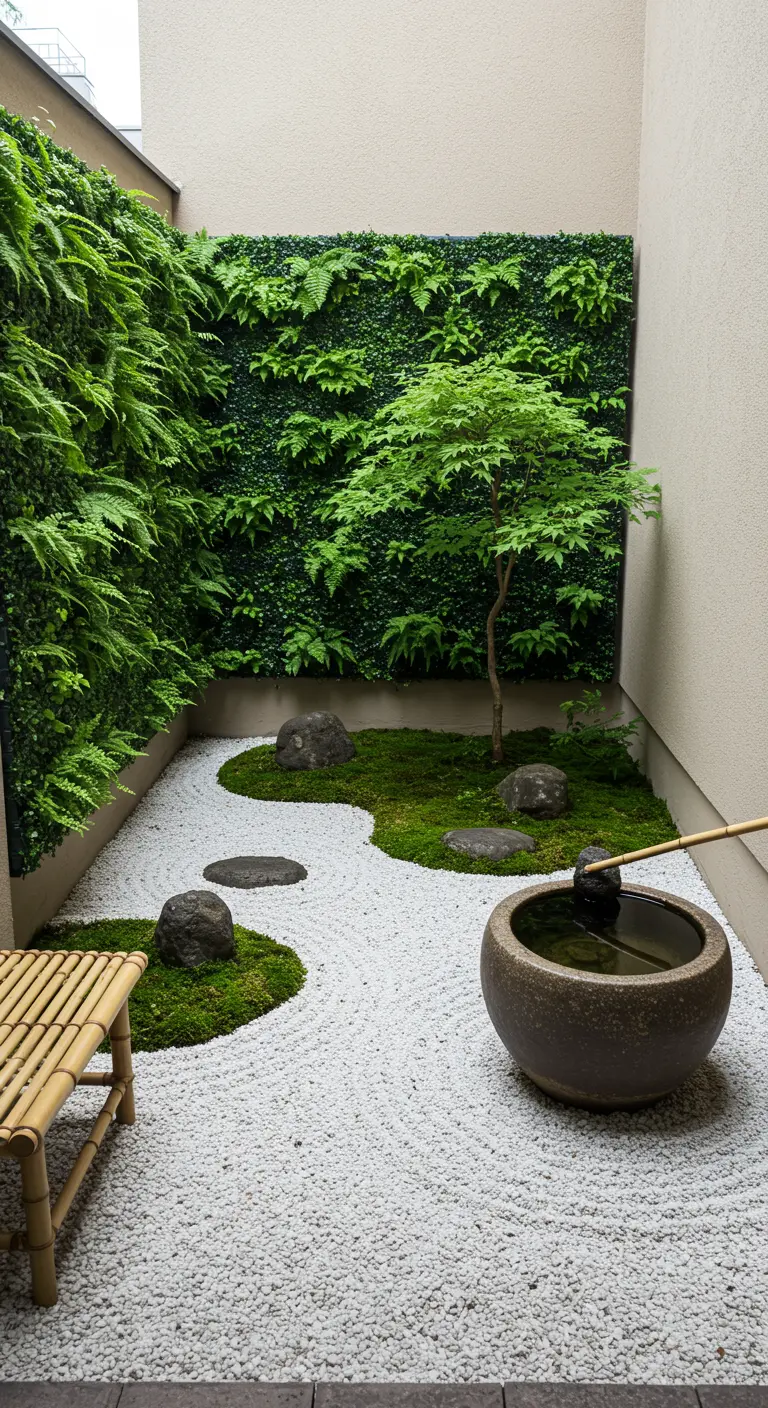 A small Japanese zen garden with raked white gravel, moss, and a small tree.