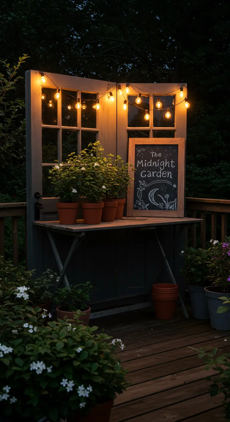 A dark potting station on a deck at night, illuminated by string lights, with white flowers.