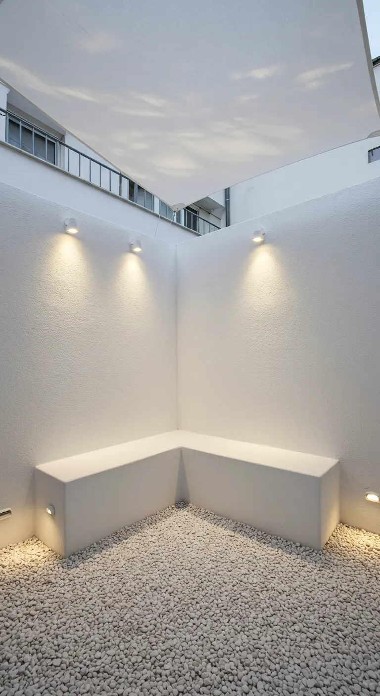 A small, enclosed patio corner with a white bench, white gravel floor, and soft spotlights.