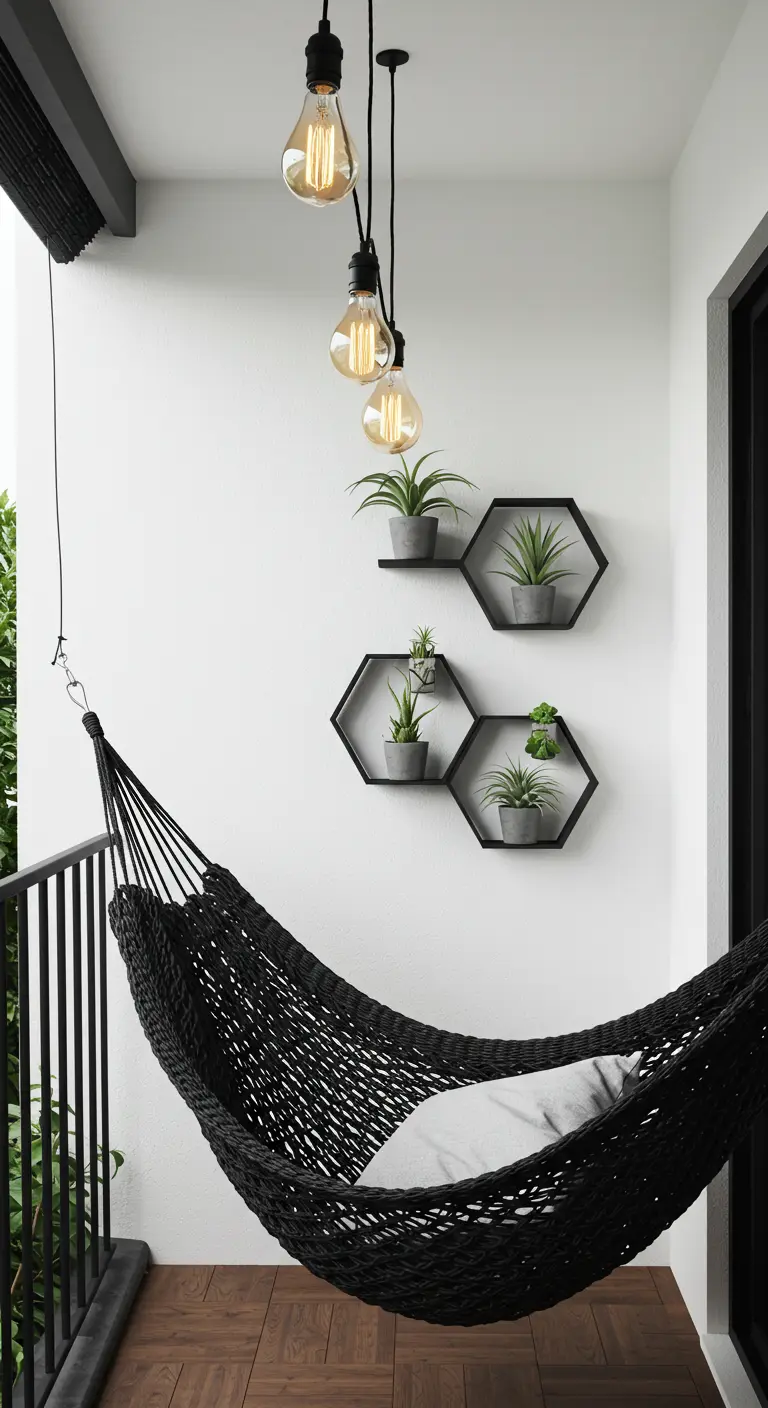 A minimalist white balcony with black hexagon shelves holding plants and a black woven hammock.