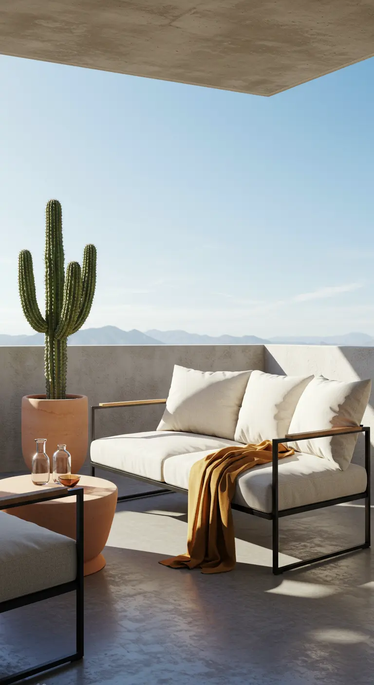 A minimalist balcony with a white sofa, a single cactus, and a view of distant mountains.