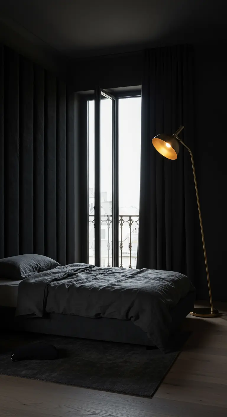 Minimalist dark bedroom with charcoal linens and a single gold floor lamp by the window.