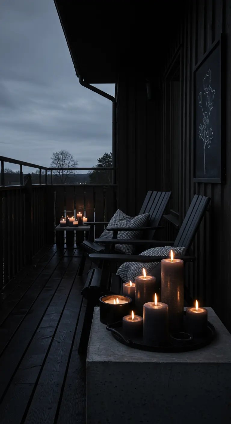 A dark, moody balcony at dusk with black wooden chairs and a cluster of gray pillar candles.