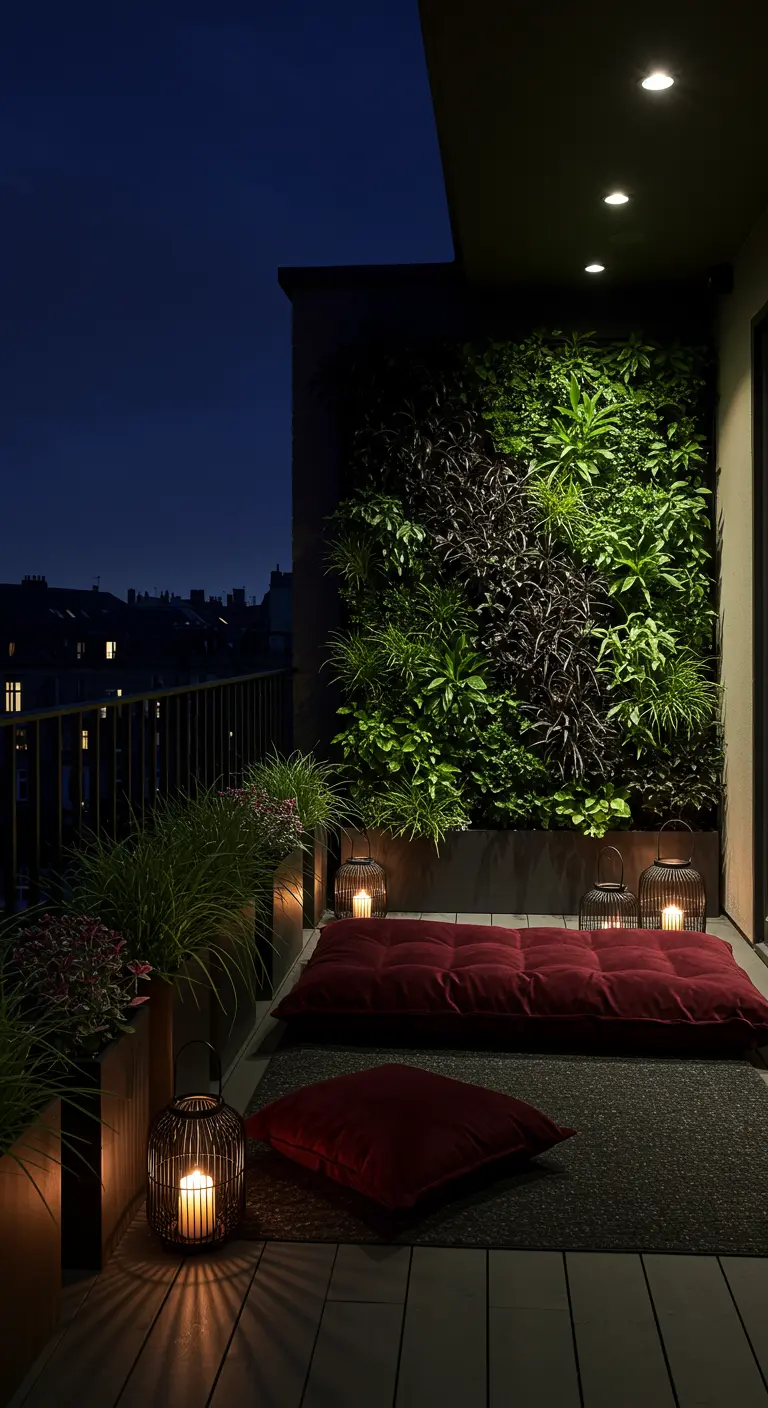 A dark, moody balcony at night with a living wall, deep red velvet seating, and glowing lanterns.