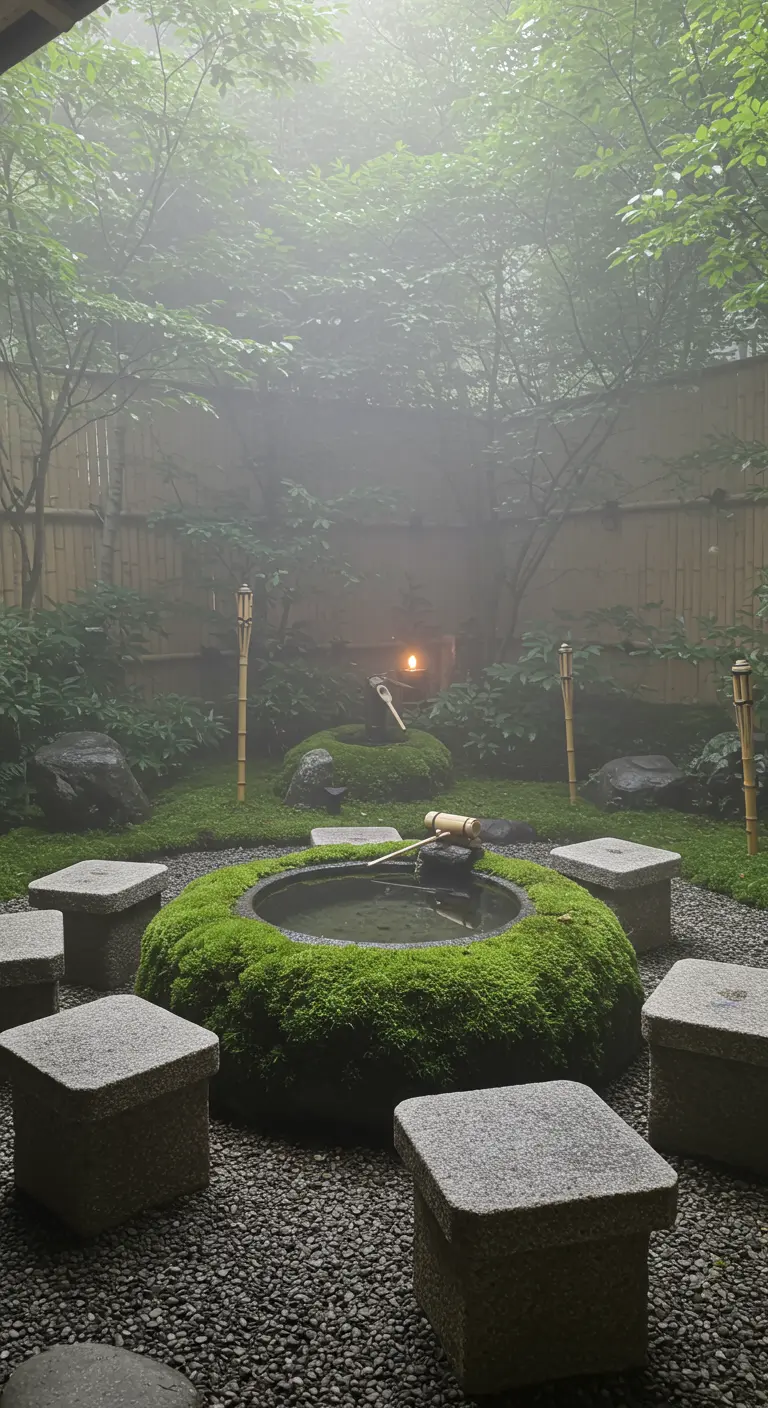 A moss-covered Zen garden with stone block seats and a water basin in a foggy, green setting.