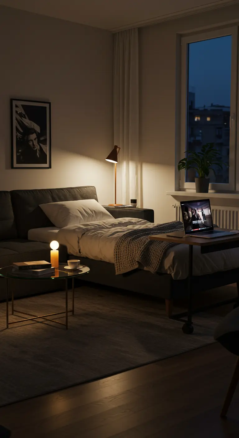 The same room at night, with the sofa converted into a bed and a mobile desk used as a nightstand.