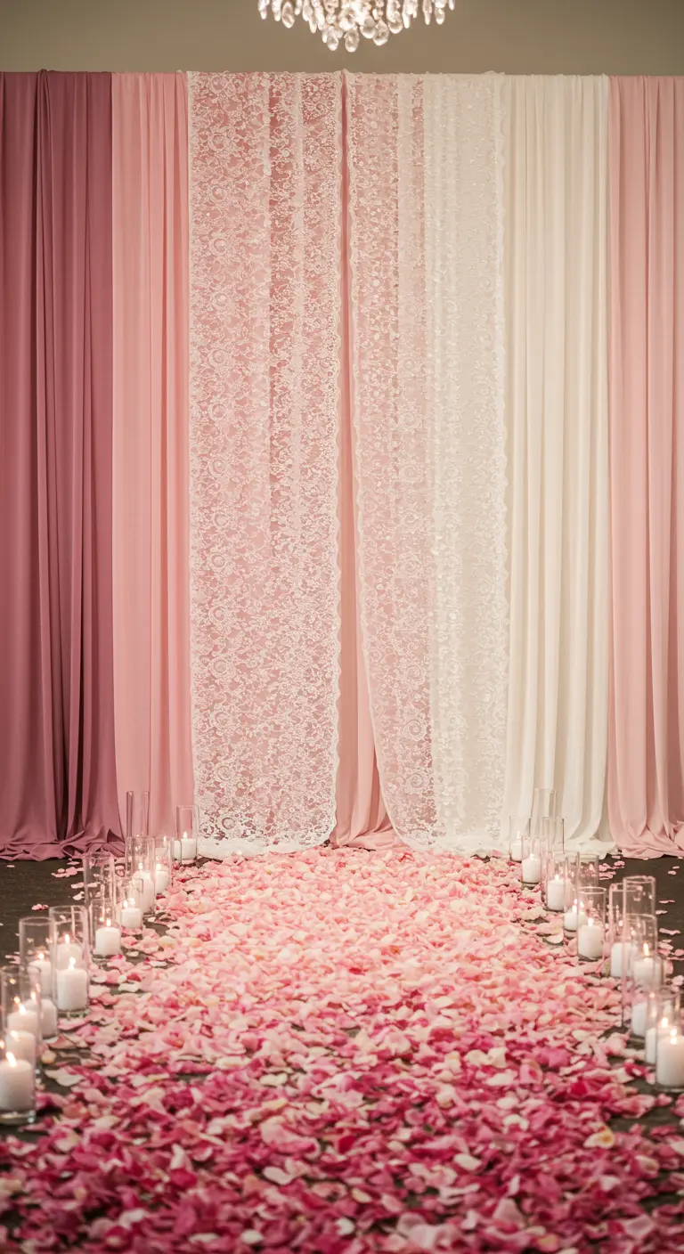 A fabric backdrop of ombré pink and ivory panels with a central lace overlay.