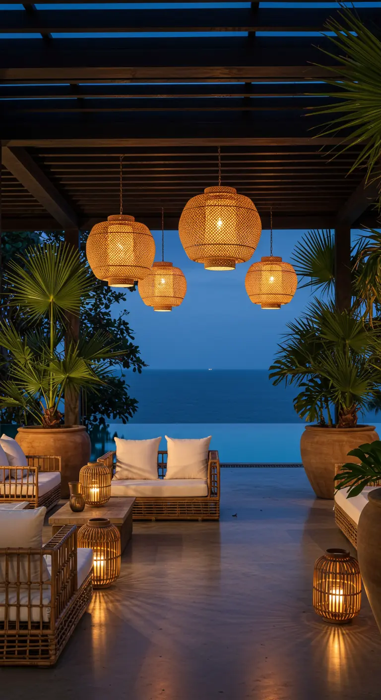 Rattan pendant lights hanging over a modern patio with potted palms and an ocean view at dusk.