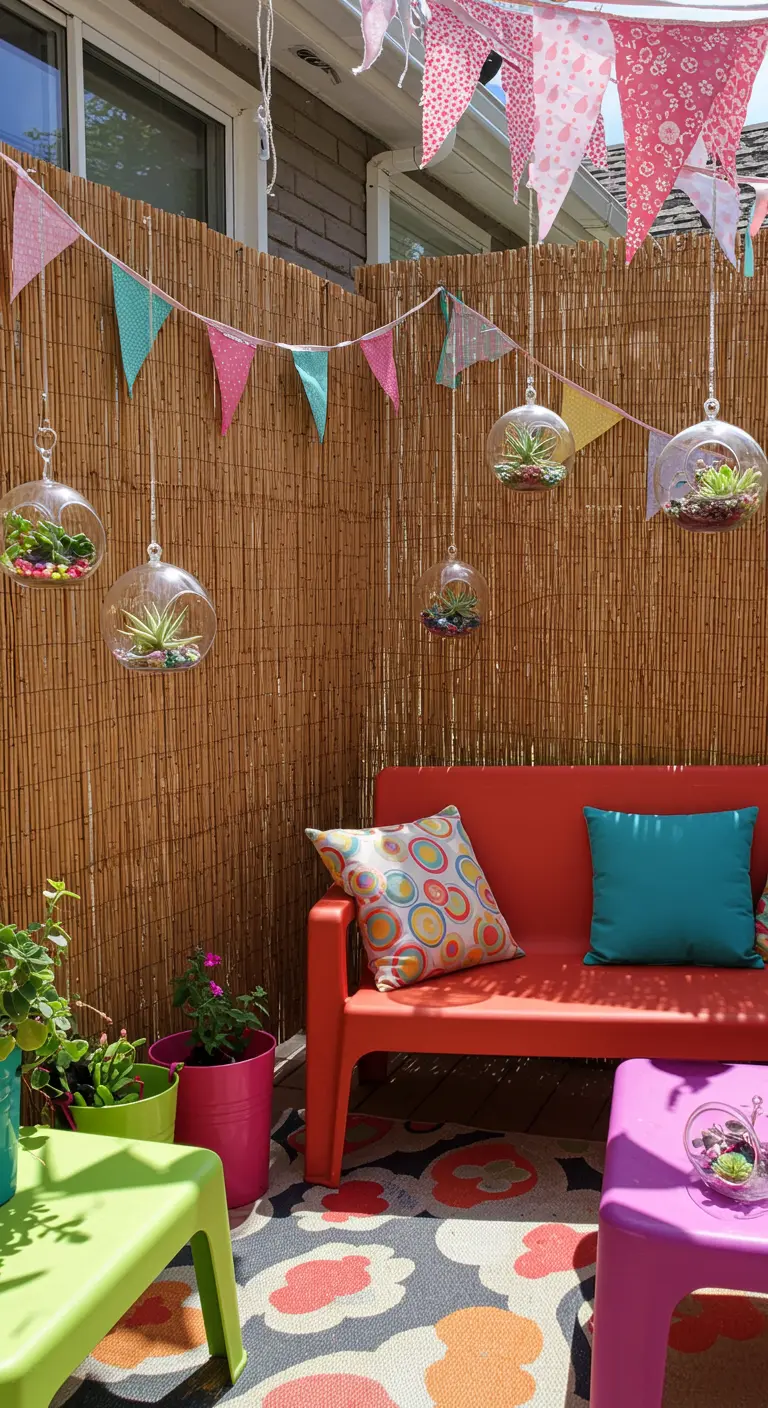 A colorful patio with a bamboo screen decorated with bunting flags and bright furniture.