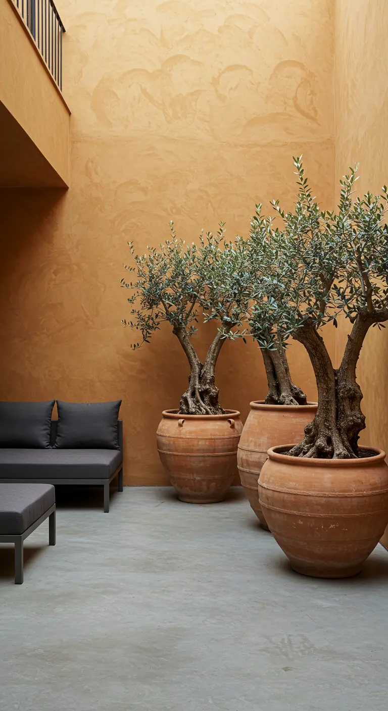 Three large olive trees in terracotta urns stand against a textured ochre wall near a modern gray sofa.