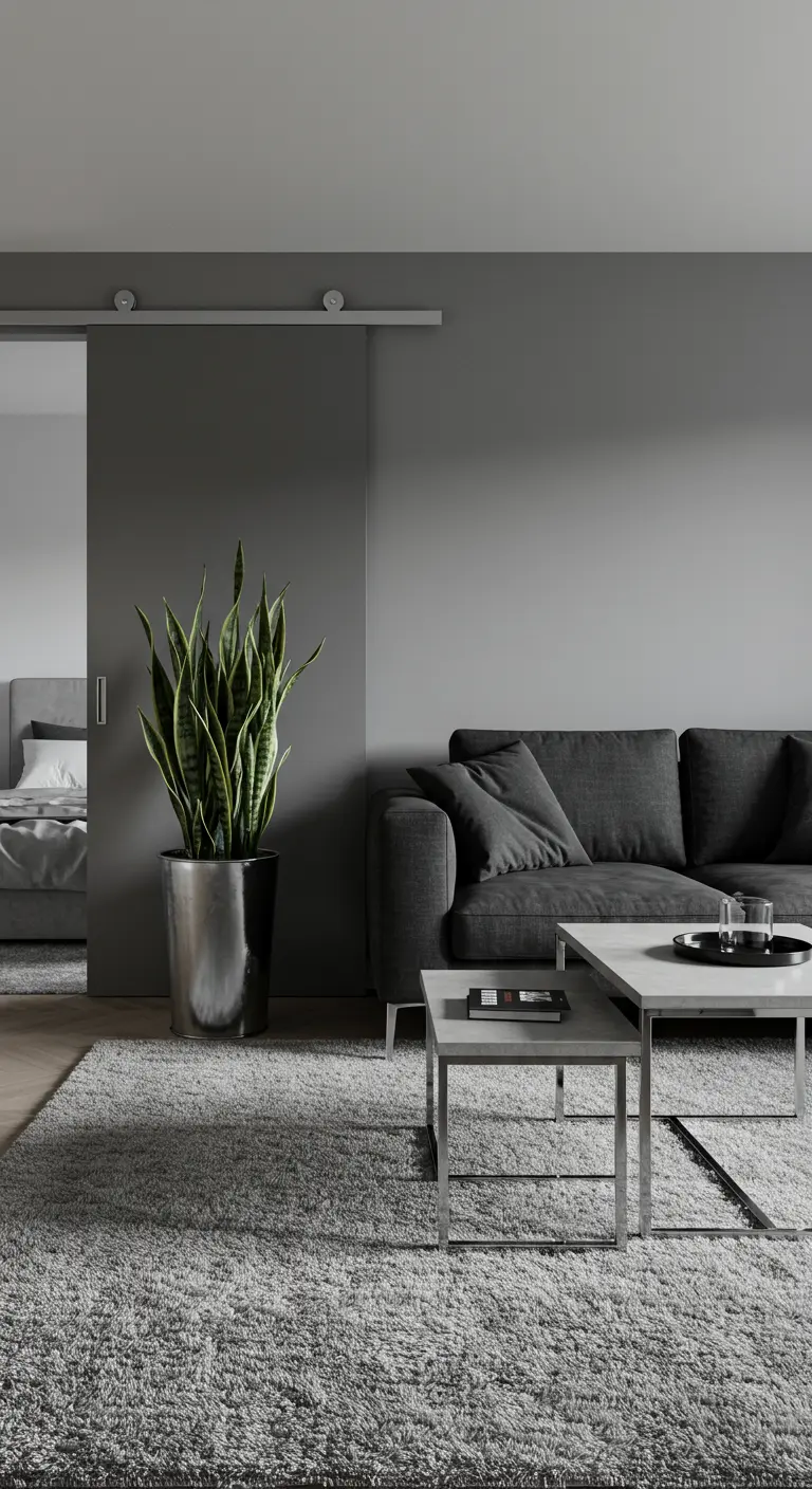 A minimalist living room in shades of grey with a seamless grey sliding door.