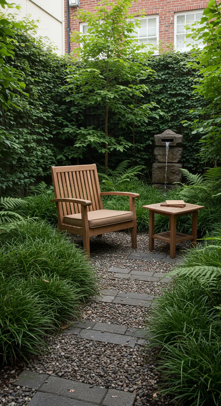 A wooden armchair and table set in a lush, quiet garden corner.