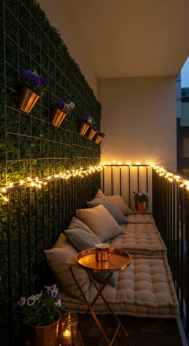 A narrow balcony with long floor cushions creating a bench, a green privacy screen, and a copper table.