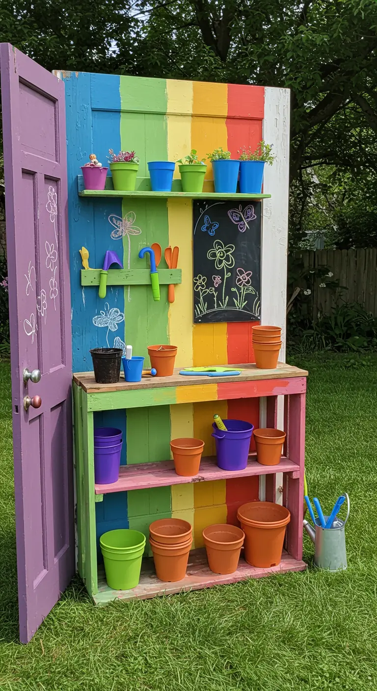 A cheerfully painted potting bench with rainbow stripes, designed for children.