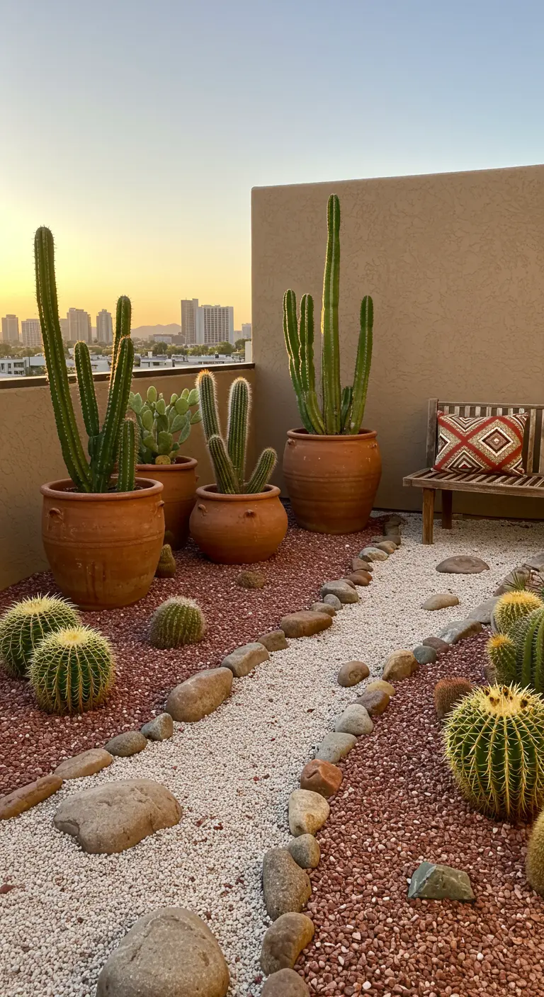 Rooftop desert garden with terracotta pots and a gravel path at sunset.