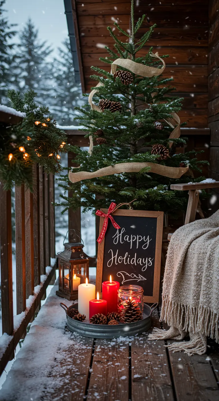 A snowy balcony decorated for the holidays with a small pine tree, candles, and a 'Happy Holidays' chalkboard sign.