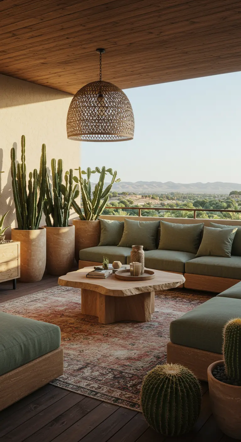A large covered balcony with a sage green sectional sofa and a patterned rug.
