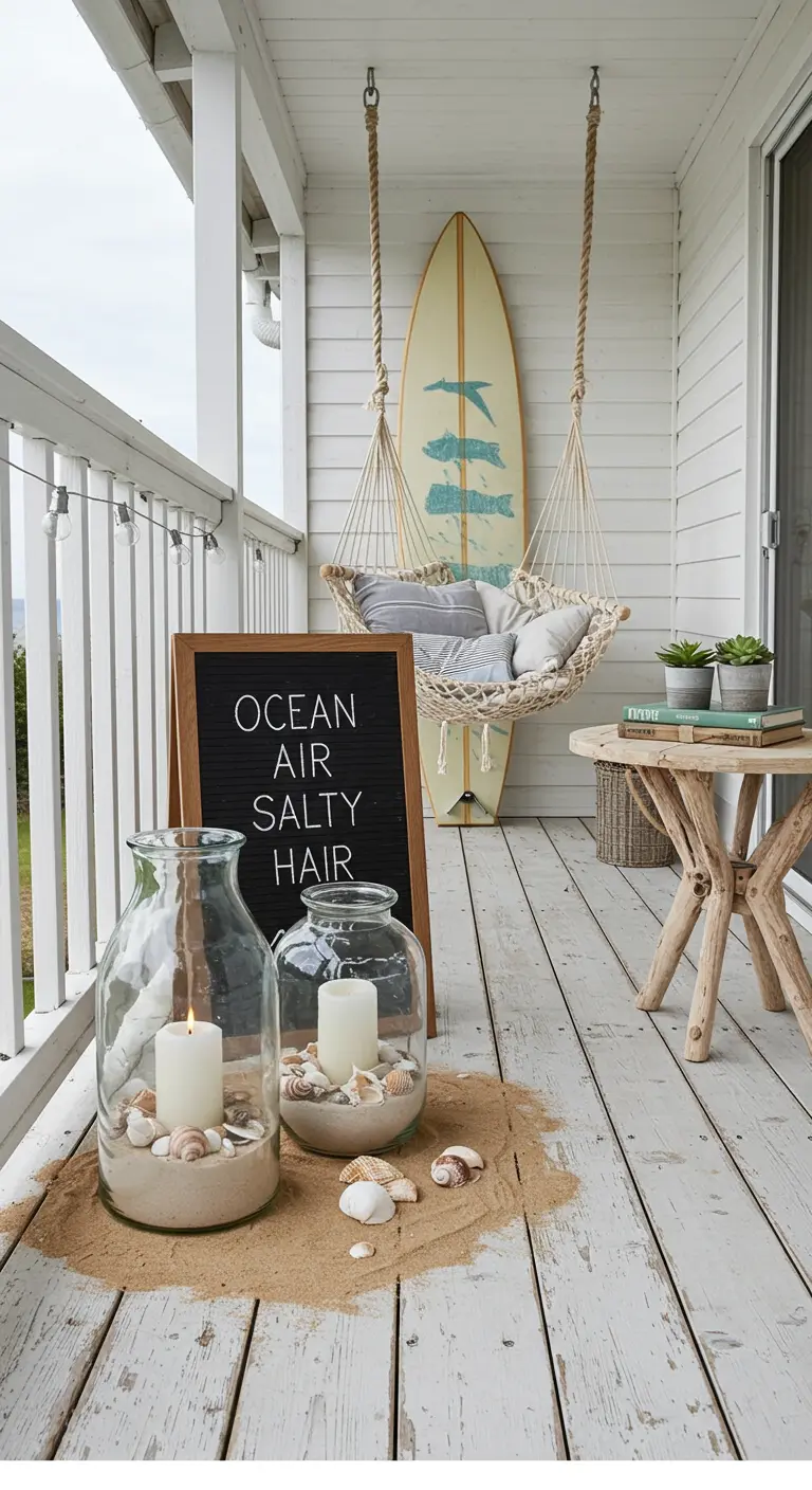 A coastal-themed porch with a hanging chair, surfboard, and hurricane lamps filled with sand and shells.
