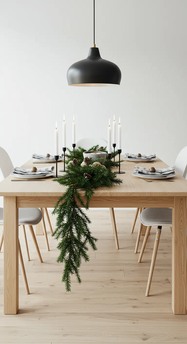 Minimalist light wood table with a long evergreen garland cascading off the end and white candles.