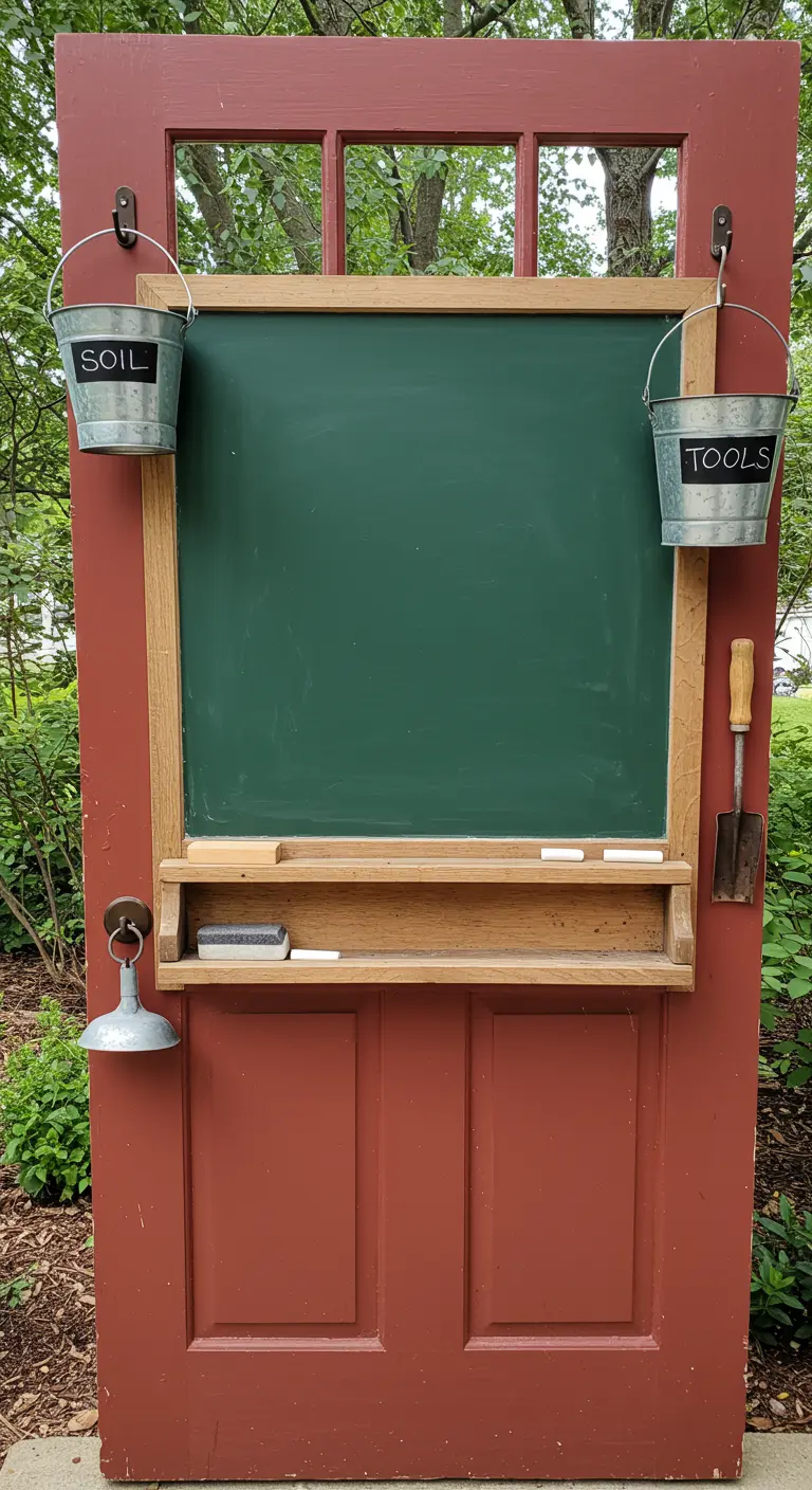 A red vintage door with a large green chalkboard, hanging buckets labeled 'soil' and 'tools'.