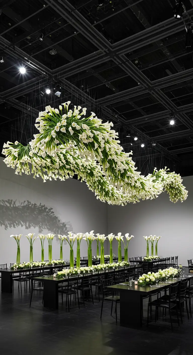 A massive, wave-shaped sculpture made entirely of white calla lilies suspended from a black ceiling.
