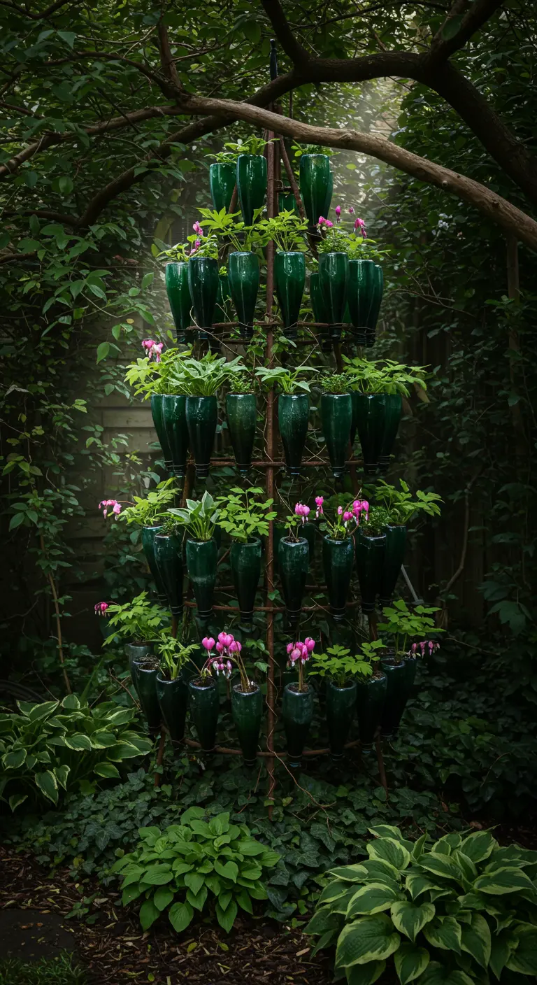 A pyramid-shaped bottle garden with pink flowers in a shady, wooded area.