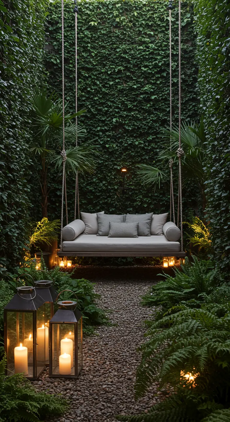 A large swing bed hangs in a narrow courtyard completely covered in lush green ivy.