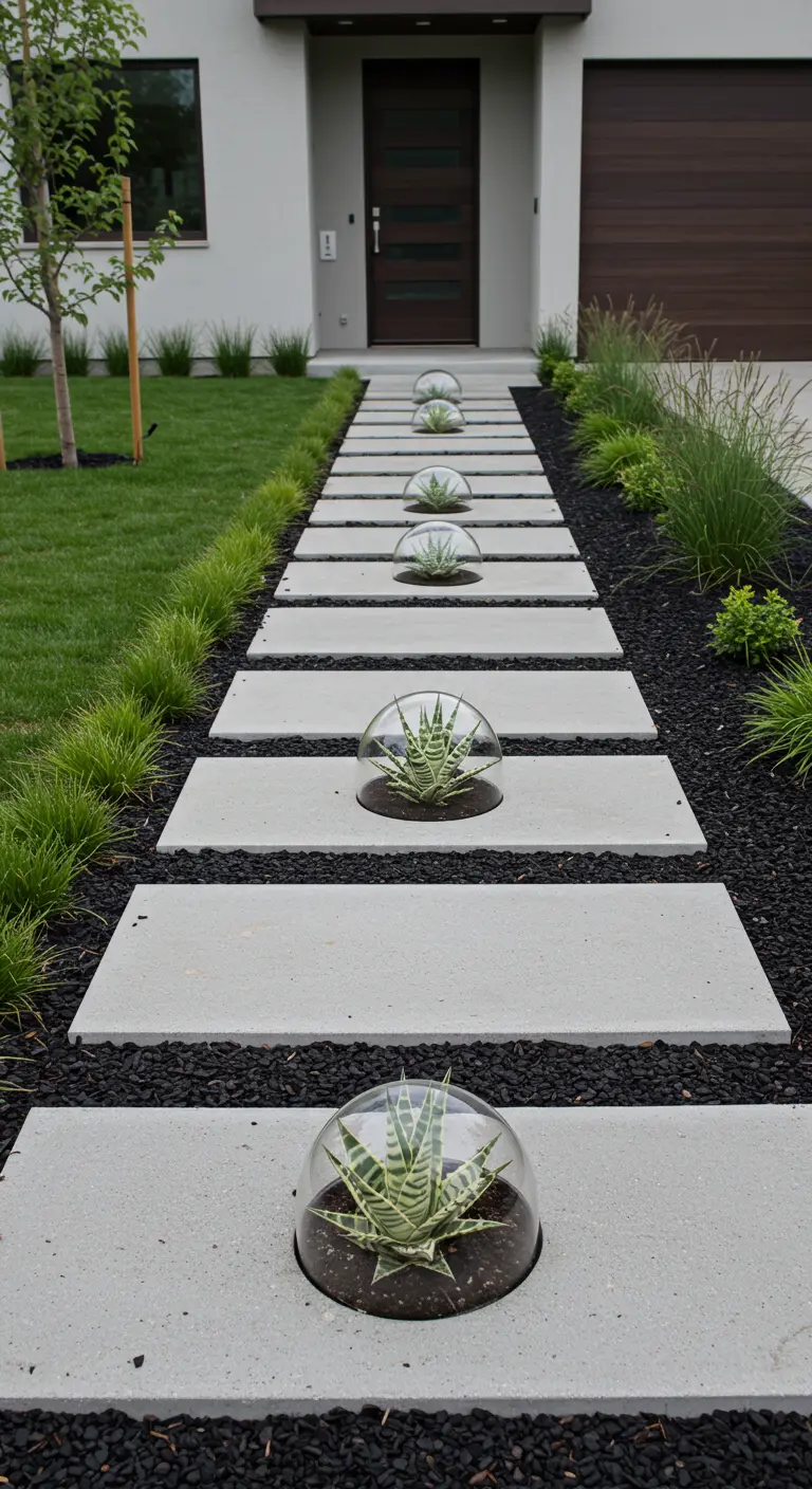 A modern entryway path with long pavers, dark gravel, and embedded succulent domes.