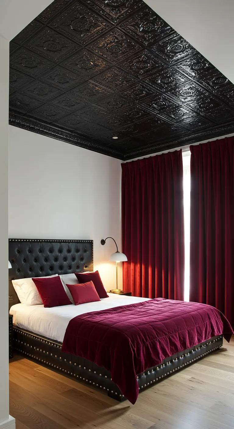 Bedroom with a black pressed-tin ceiling and deep red velvet curtains.