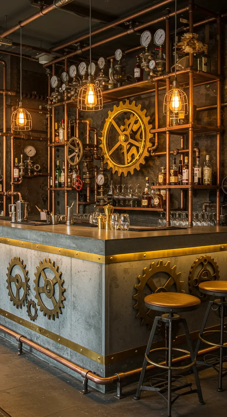 A detailed Steampunk-themed bar with copper pipes, gauges, and large gear decorations.