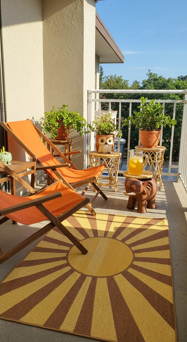 Balcony with a sun-patterned rug, orange deck chairs, and an elephant planter.