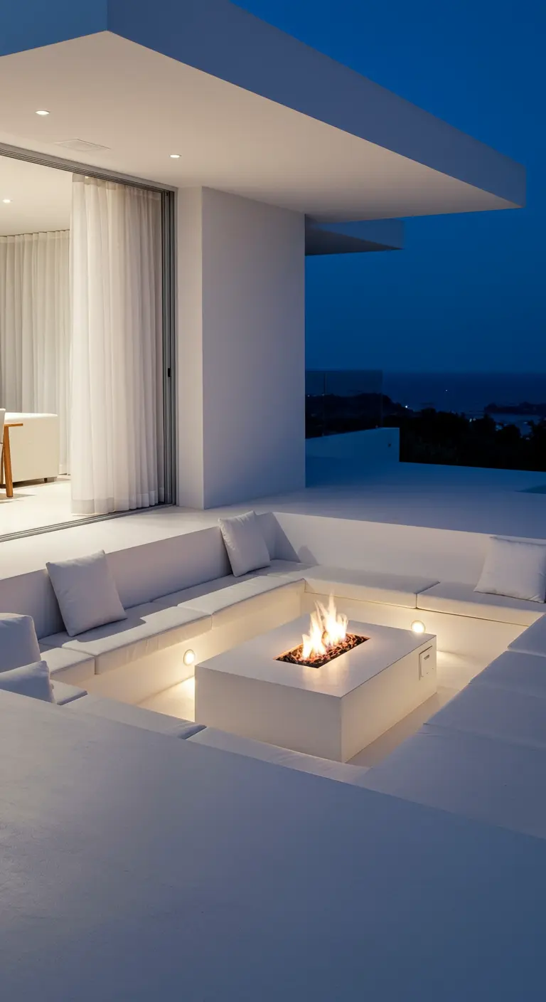 A minimalist white sunken seating area with a central fire pit under a dark blue sky.