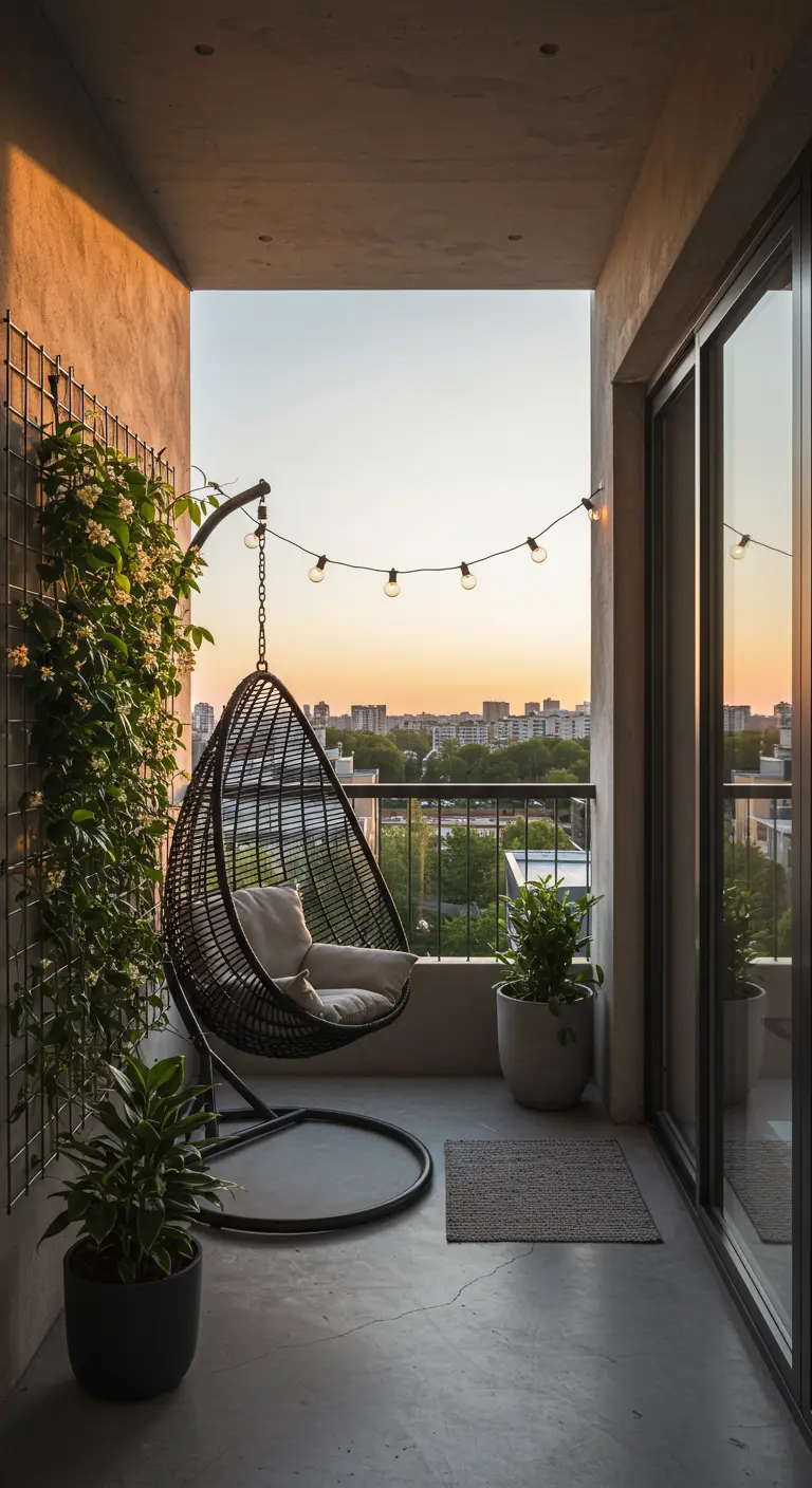 A minimalist balcony with a black hanging egg chair, a climbing plant on a trellis, and a city view.