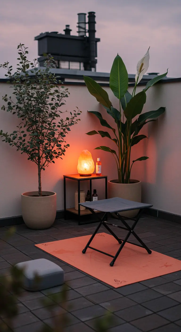 A serene balcony setup for yoga with a mat, a salt lamp, and potted plants at dusk.