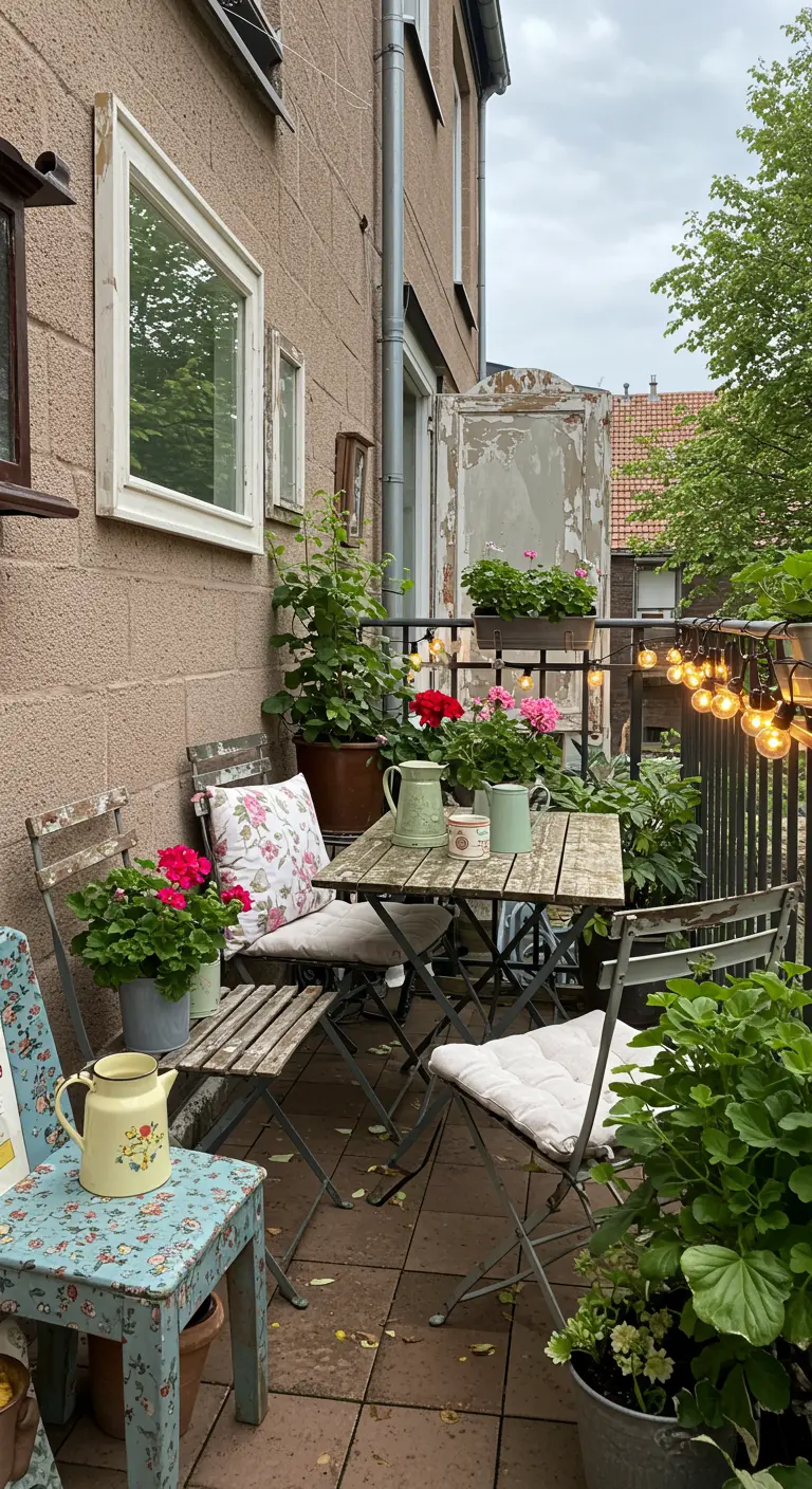 A charming terrace with weathered bistro furniture, mismatched chairs, and pink geraniums.