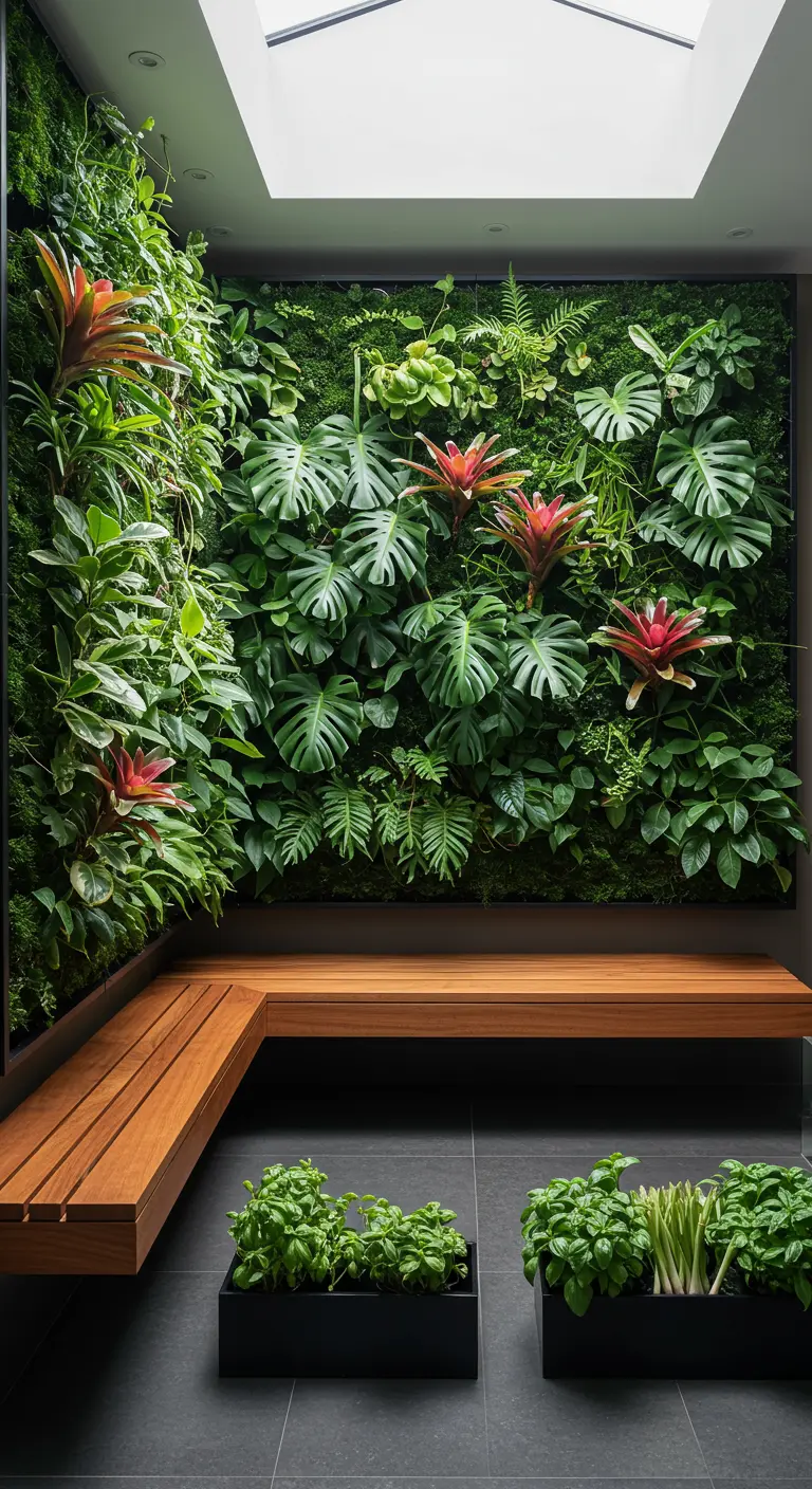 A narrow atrium with floor-to-ceiling green walls, a skylight, and a simple wooden L-shaped bench.
