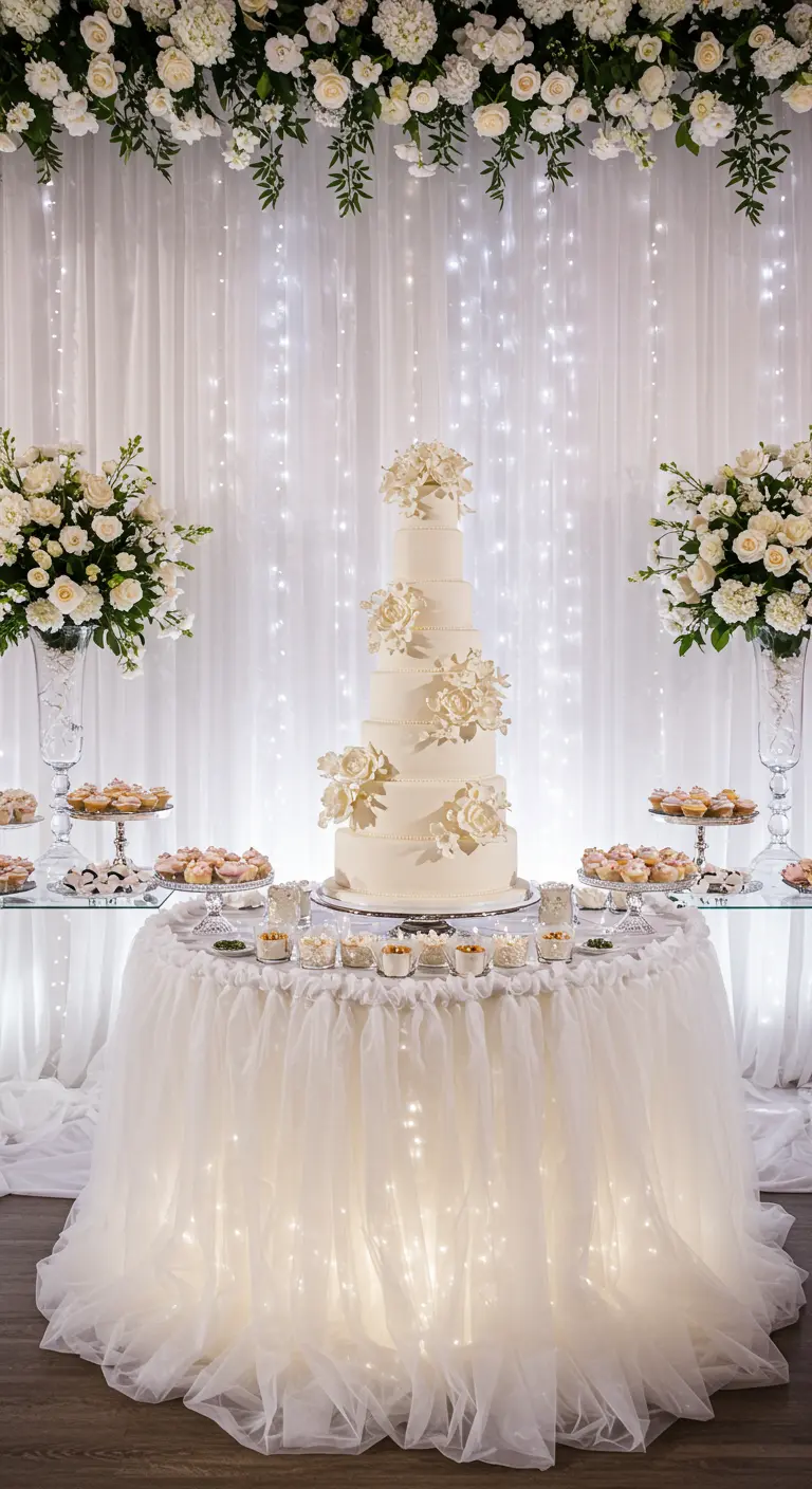 A wedding cake table with a backlit white tulle skirt and fairy lights creating a magical glow.