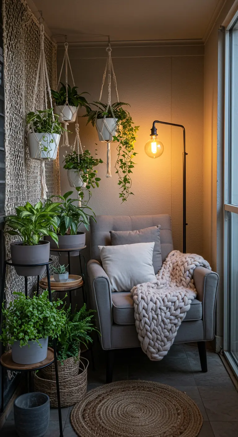 A cozy armchair with a chunky blanket surrounded by plants on a balcony.