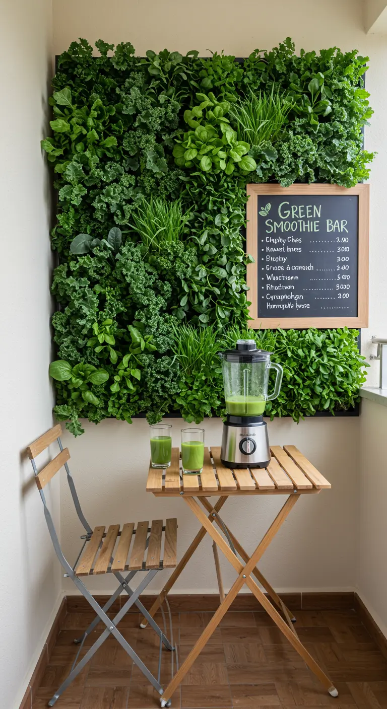 A balcony with a lush, floor-to-ceiling living wall packed with kale, spinach, and other greens.