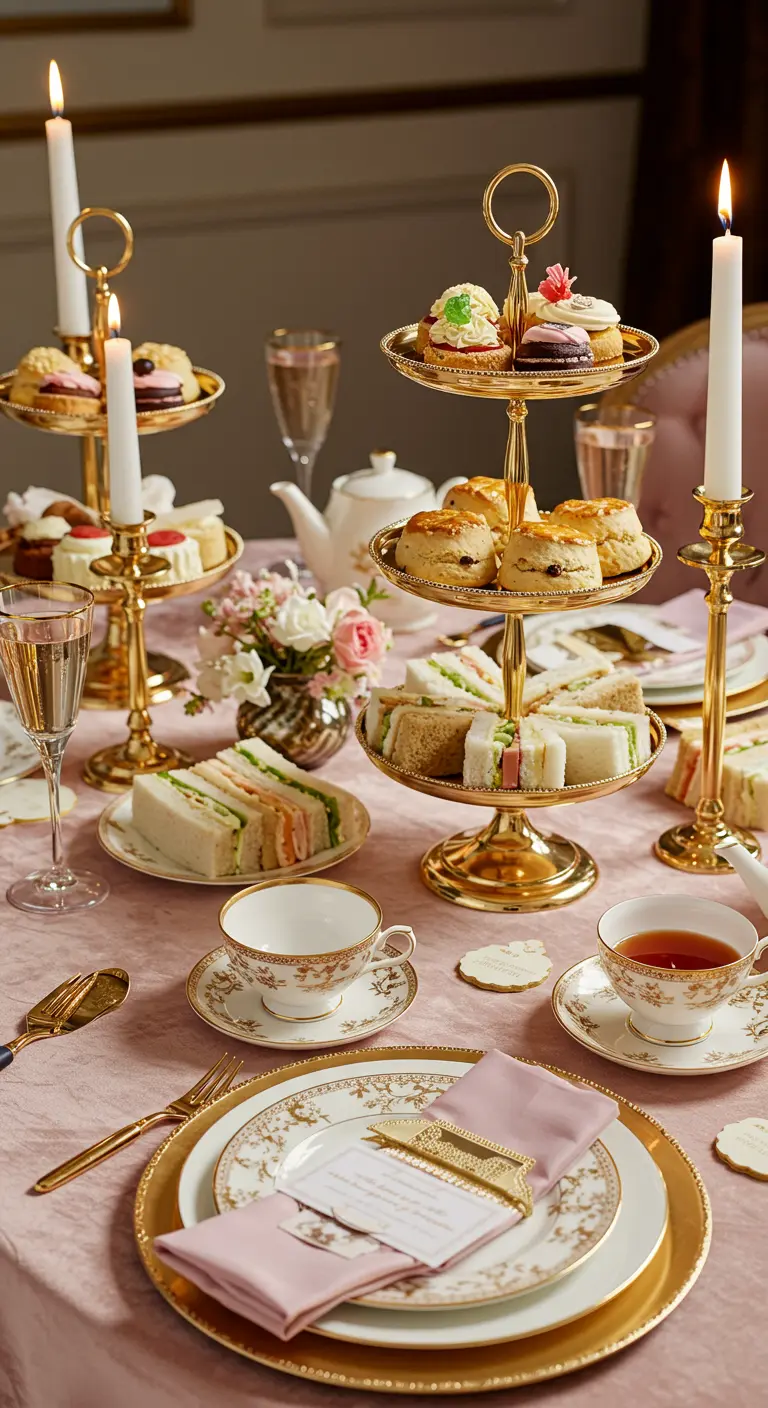 An elegant afternoon tea setting with tiered gold stands, floral china, and pink tablecloth.
