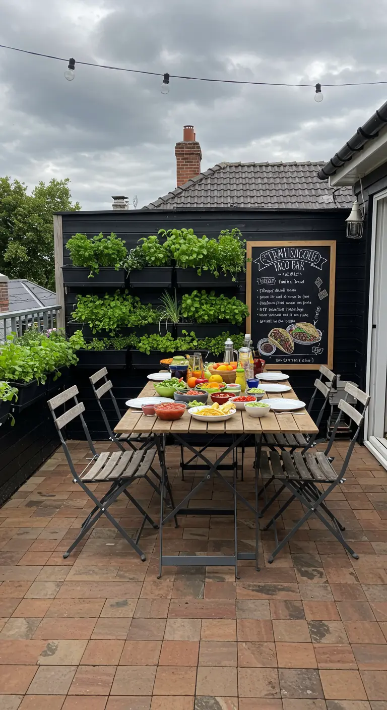 A spacious terrace with a large vertical herb garden set up as a taco garnish bar.