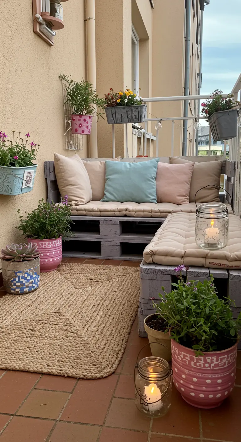 A DIY balcony with a pallet sofa, jute rug, and mismatched colorful planters.