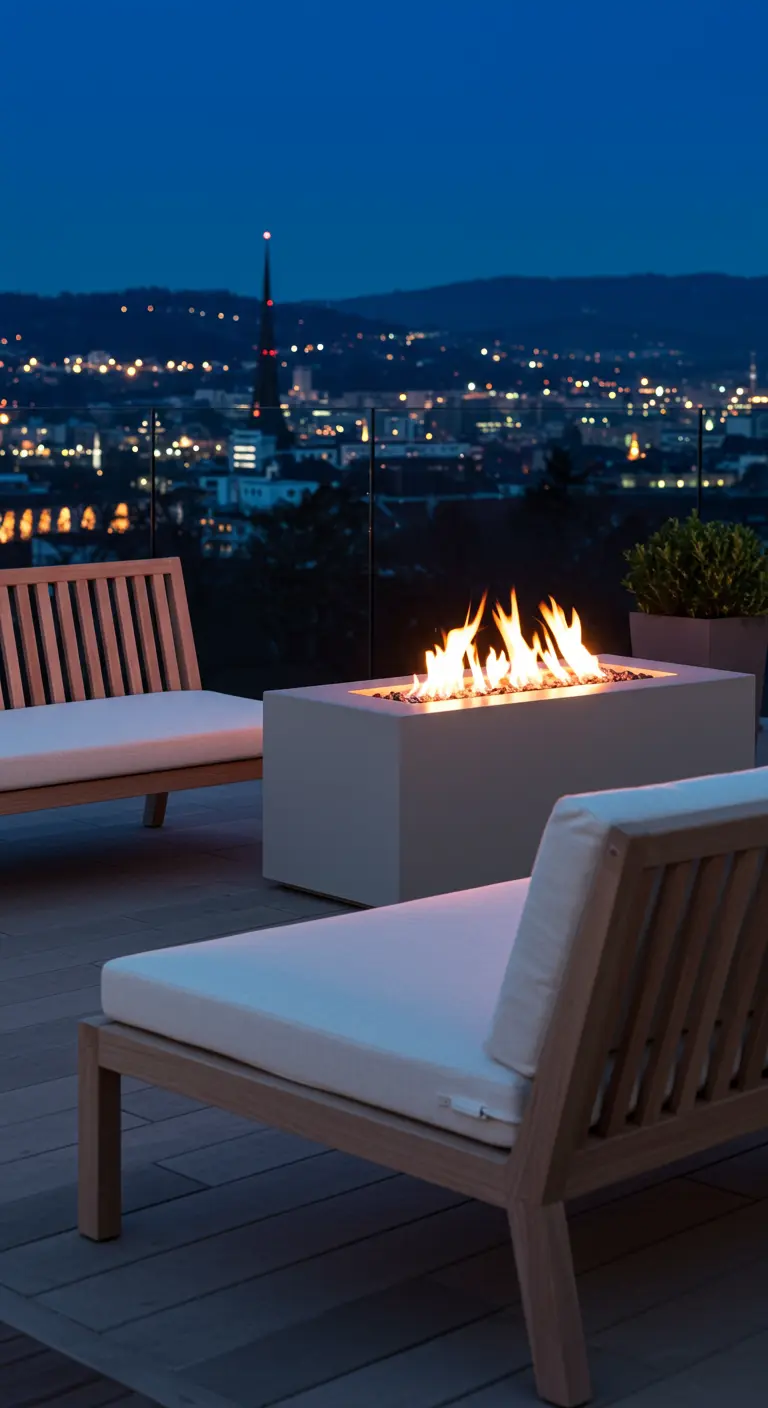 Two light wood loveseats facing a modern fire pit on a city rooftop at night.