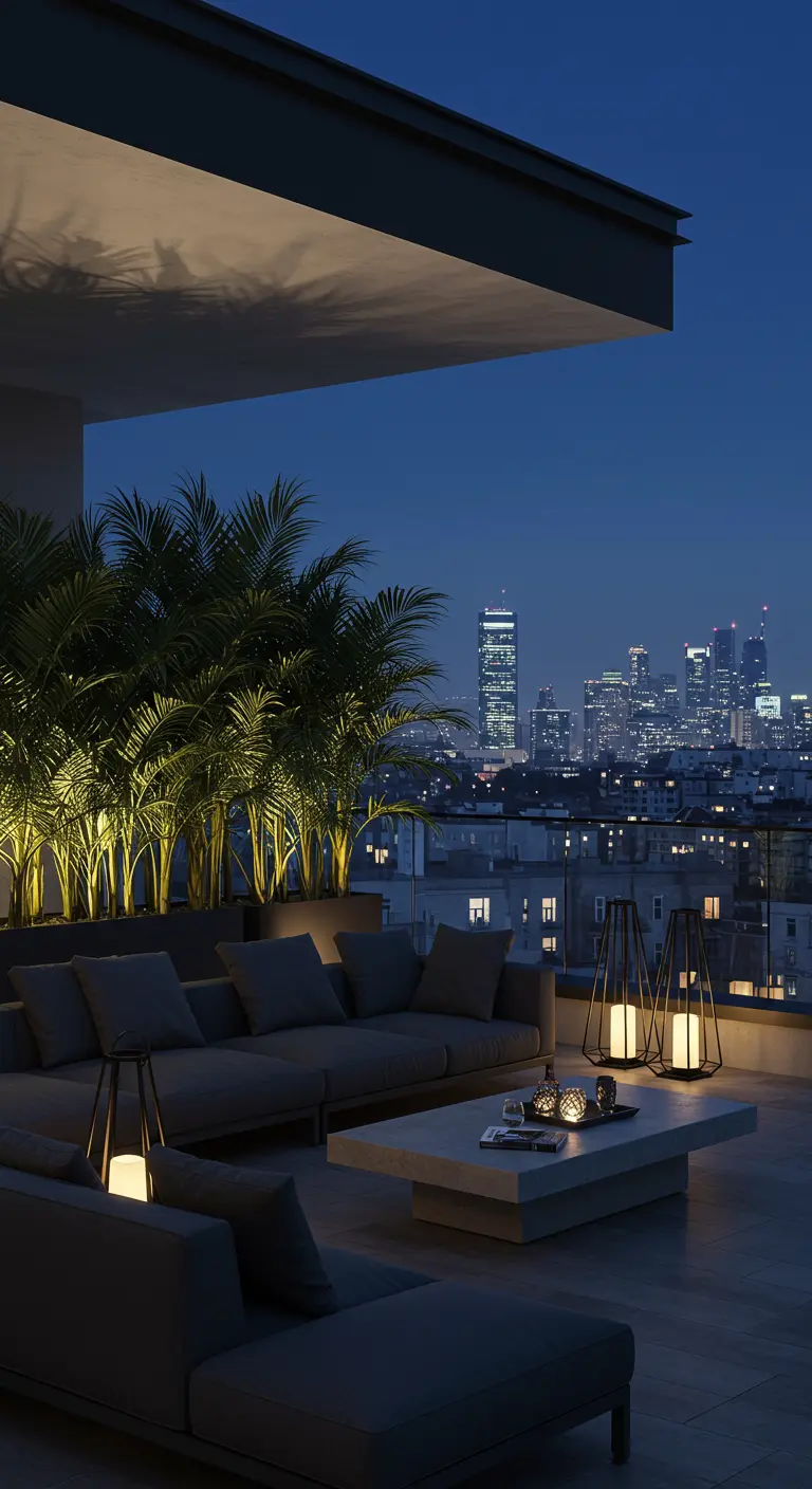 Modern rooftop terrace with a grey sectional sofa, lit palms, and a glowing city skyline at night.