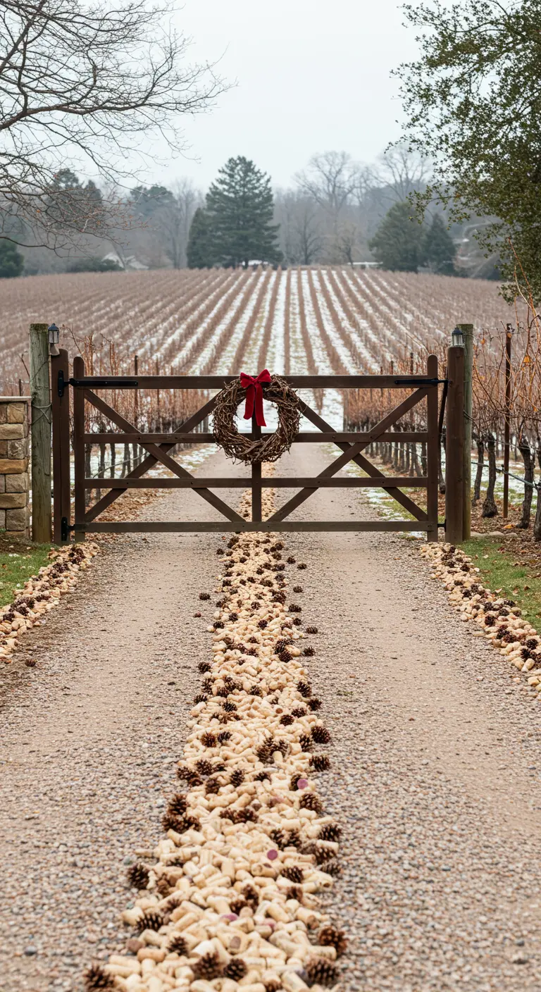 A vineyard gate with a wreath, featuring a path lined with wine corks and pinecones.